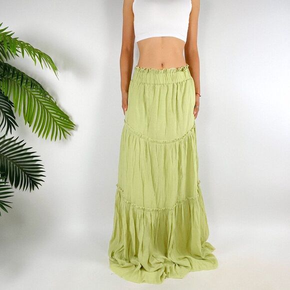 Vintage Green Boho Fairycore Cottagecore Beachy Tiered Ruffle Maxi Skirt / M - Picture 4 of 6